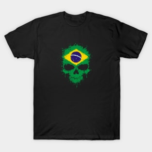 Chaotic Brazilian Flag Splatter Skull T-Shirt